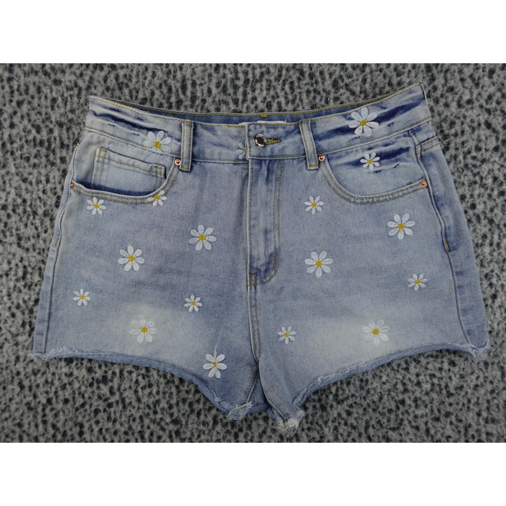 Angel Kiss Daisy Embroidered Denim Shorts Womens 9/29 Blue Good Raw Hem Boho